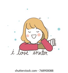 Cute draw vector illustration character design cute girl so happy and word I love winter.doodle cartoon style.