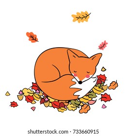 Cute draw vector illustration fox happy to sleeping on color leave in autumn season.Doodle cartoon style.