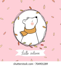 Cute draw vector illustration greeting card of bear in leave wreath for autumn season,template background.