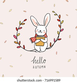 Cute draw vector illustration greeting card of little bunny in leave wreath for autumn season Cover template background.Doodle style.