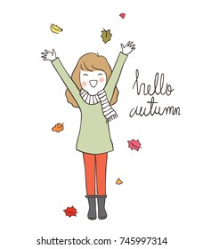 Cute draw vector illustration happy girl and words "hello autumn". Dolodle cartoon style.