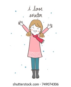 Cute draw vector illustration happy girl love winter season.Doodle cartoon style.