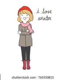 Cute draw vector illustration happy girl and word I love winter season.Doodle cartoon style.