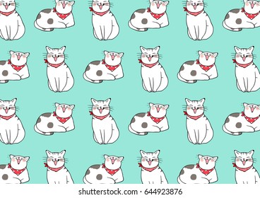 Cute draw vector illustration pattern background of cat on green pastel.