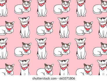 Cute draw vector illustration pattern background of cute cats on sweet color.