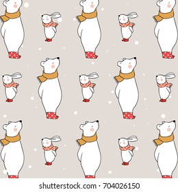 Cute draw vector illustration pattern background design big bear and little rabbit standing in snow fall winter season and beauty scarf.Doodle cartoon style.
