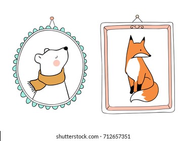 Cute draw vector illustration portrait bear and fox in vintage frame for autumn season.Doodle cartoon style.
