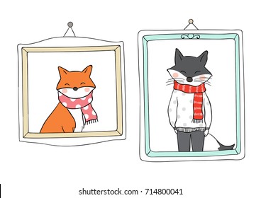 Cute draw vector illustration portrait fox and wolf in vintage frame for autumn season.Doodle cartoon style.