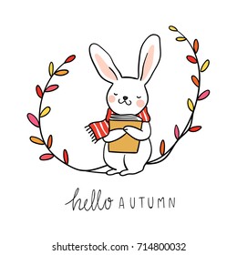 Cute draw vector illustration cute rabbit sitting in beauty leave wreath for autumn season Decorate greeting card.Doodle cartoon style.