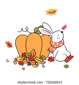 Cute draw vector illustration rabbit sleeping on at pumpkin with colorful leave falling in autumn season so happy.Doodle cartoon style.