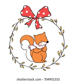 Cute draw vector illustration squirrel in beauty leave wreath for autumn season and bow polka dot.