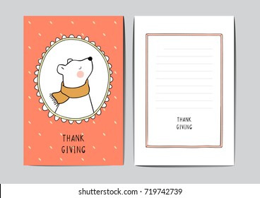 Cute draw vector illustration template greeting card of white bear in beauty frame for autumn season cover for print thank giving.Doodle cartoon style.
