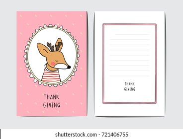 Cute draw vector illustration template greeting card of dear and beauty sweater  in beauty frame for autumn season cover for print thank giving.Doodle cartoon style.
