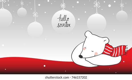Cute draw vector illustration template banner background of big bear sleeping in winter season.Doodle cartoon style.