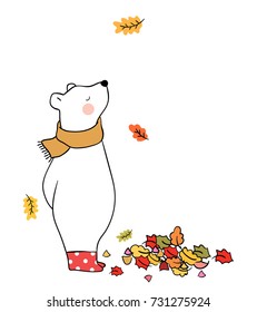 Cute draw vector illustration white bear standing in color leave falling in autumn season so happy.Doodle cartoon style.