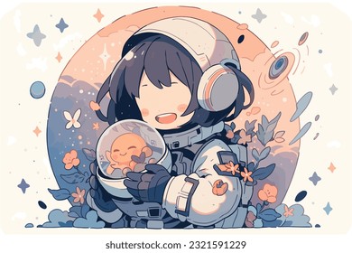 A cute drawing of an astronaut holding a little planet while grinning