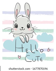 Cute drawing Bunny. Print for children's textiles, poster design, nursery. Fluffy rabbit. Vector illustration stock.