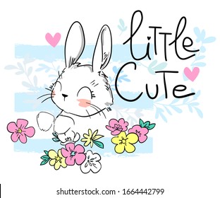 Cute drawing Bunny sitting on a striped background with flowers. Print for children's textiles, poster design, nursery. Fluffy rabbit tail. Vector illustration stock.