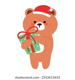 cute drawing cartoon bear holding christmas gift. cute animal drawing, doodle, for christmas sticker, christmas icon