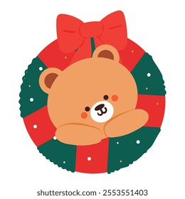 cute drawing cartoon bear inside christmas wreath. cute animal drawing, doodle, sticker for christmas