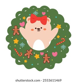 cute drawing cartoon bear inside christmas wreath. cute animal drawing, doodle, sticker for christmas