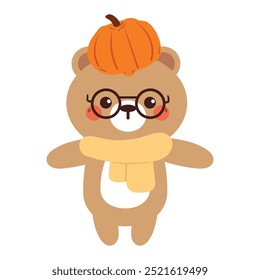 cute drawing cartoon bear with pumpkin. cute animal drawing, doodle, sticker for autumn vibes