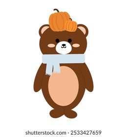Cute drawing cartoon bear with pumpkin. cute animal drawing, doodle, sticker for autumn vibes