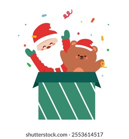 cute drawing cartoon bear and santa claus inside a gift box. cute drawing, doodle, sticker for christmas day and winter