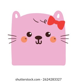 cute drawing cartoon brown pink cat with red ribbon. cute animal doodle for sticker, icon