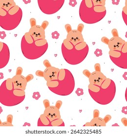 cute drawing cartoon bunny with big pink balloon and pink flowers seamless pattern. cute animal pattern in white background