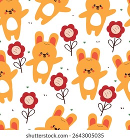 cute drawing cartoon bunny with flowers seamless pattern. animal pattern in white background for wallpaper