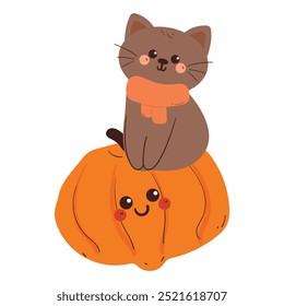 cute drawing cartoon cat with pumpkin. cute animal drawing, doodle, sticker for autumn vibes