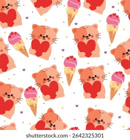 cute drawing cartoon cat with red heart and ice cream seamless pattern. cute pattern in white background for wallpaper and gift wrap paper