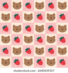 cute drawing cartoon cat and strawberry seamless pattern in patchwork style