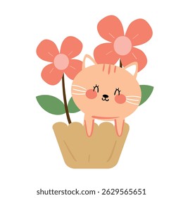 Cute drawing cartoon cute cat that got into the flower pot. cute animal doodle for sticker, icon