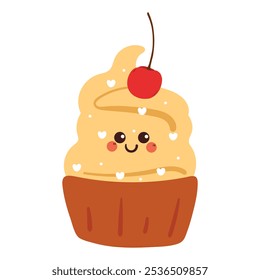 bonitinho desenho de bolinho com cereja em cima. bonito desenho animado sobremesa para adesivo, ícone