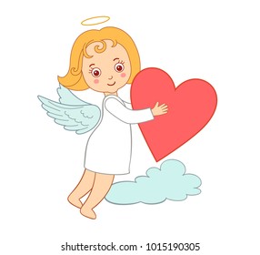Cute drawing cartoon cupid for Valentine's Day. Small angel carrying the big heart.