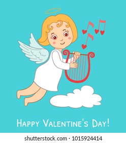 Cute drawing cartoon cupid for Valentine's Day card. Small angel with harp and music notes. Illustration on blue background.