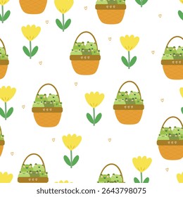 cute drawing cartoon frog with flowers and leaves in the basket, seamless pattern. animal pattern in white background for wallpaper