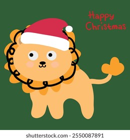 Cute drawing cartoon lion in christmas day. cute animal drawing, doodle, sticker for christmas and winter