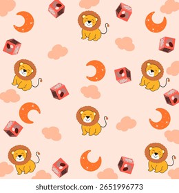 Cute Drawing Cartoon Lion Seamless Pattern Vector