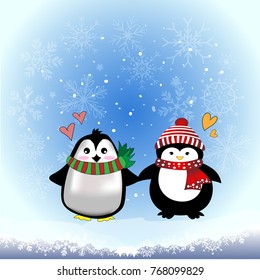 Cute drawing cartoon penguin wearing sweater, scarf, winter hat on iceberg with snowfall, snowflake and blue sky background, vector and illustration winter and christmas concept