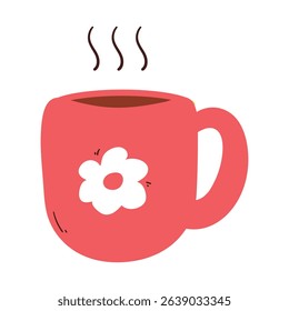 cute drawing cartoon pink cup with flower drawing. cute cup with chocolate drink for sticker and icon