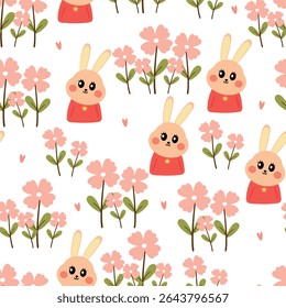 Cute drawing cartoon rabbit with flowers and leaves seamless pattern. animal pattern in white background for wallpaper