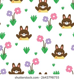cute drawing cartoon rabbit with flowers and leaves, seamless pattern. animal pattern in white background for wallpaper