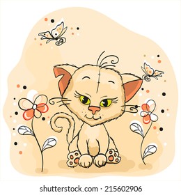 Cute drawing cat on the meadow