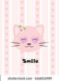 Cute drawing of a cat's face with an inscription. Cute kitten greeting card for invitation, birthday party in a flat children's design. Vector graphics.