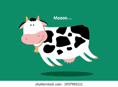 Cute drawing of a cow. On a green background Child's drawing of an animal. Illustration for children. I love milk. Cartoon drawing. Cheers happily. Bell on the neck.