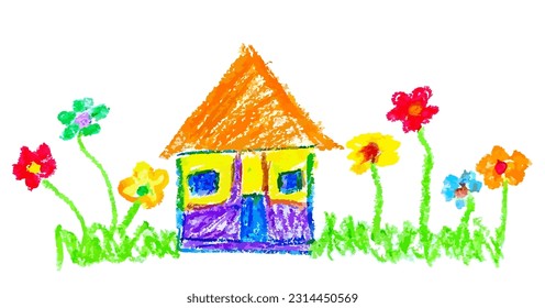 Cute children’s drawing crayon illustration of house with flower in sunny day.