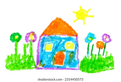 Cute children’s drawing crayon illustration of house with flower in sunny day.